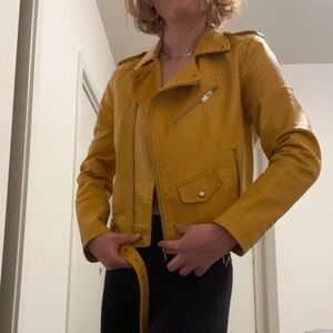 Bright yellow leather moto jacket